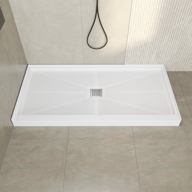 60" W x 30" D Rectangular Shower Base with Center Drain, Slip-Resistant Surface