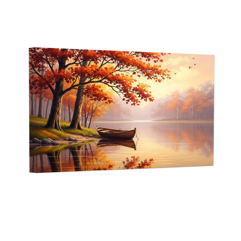 Paysage et nature arbres d'automne lac bateau réflexion coucher de soleil ciel oiseaux, H 20 po x l 30 po