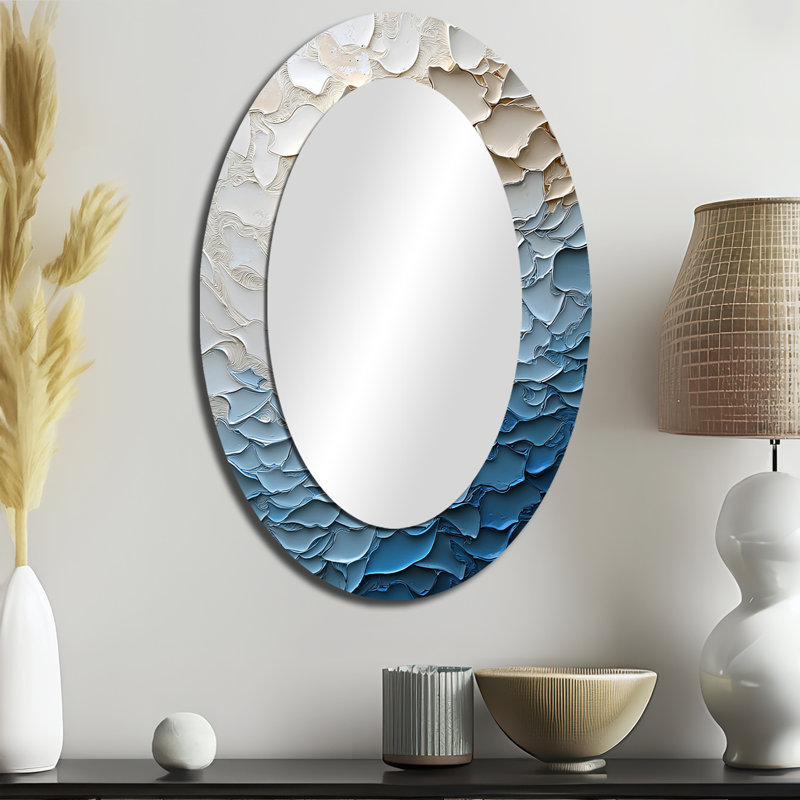 White And Blue Coastal Mosaic V - Large Oval Wall Mirror On Metal, 36" x 24"