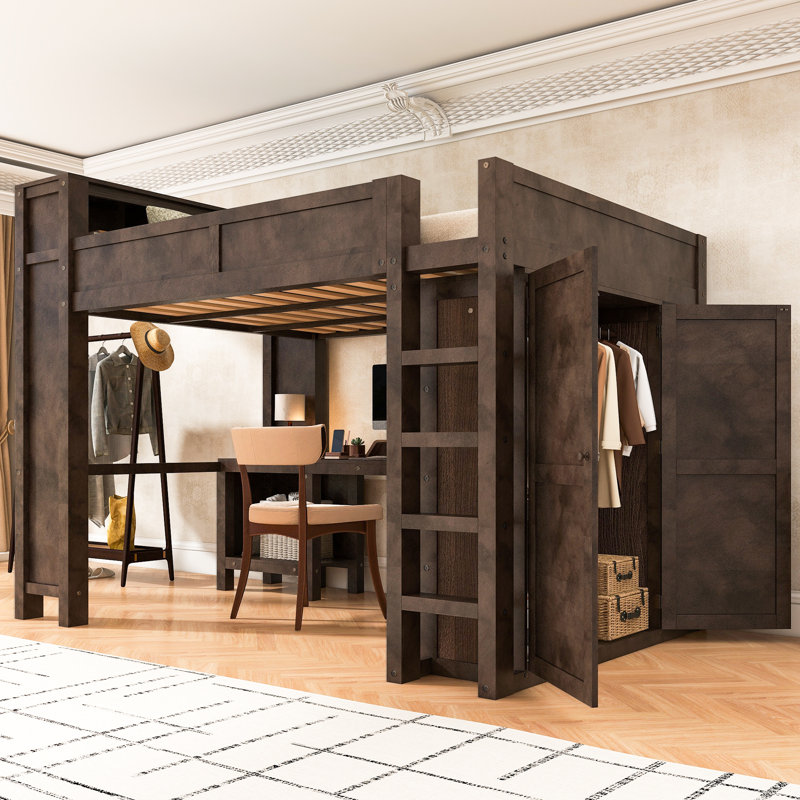Wood Queen Size Loft Bed, Built-In Desk And Wardrobe, Storage Headboard With Charging Station, Modern Farmhouse, Kids Bedroom