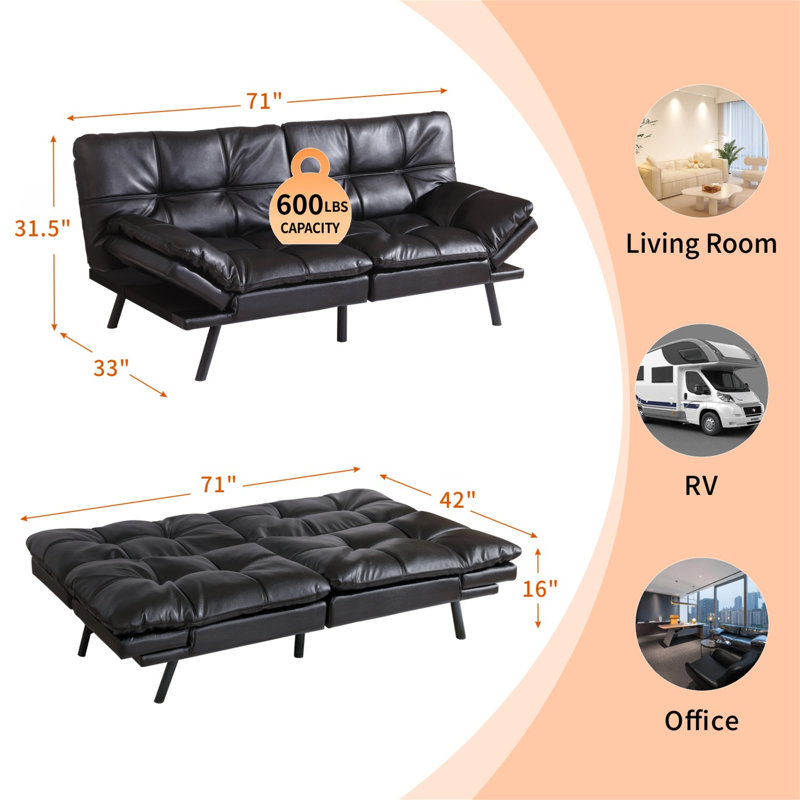 Canapé-lit futon convertible 71 po, Noir