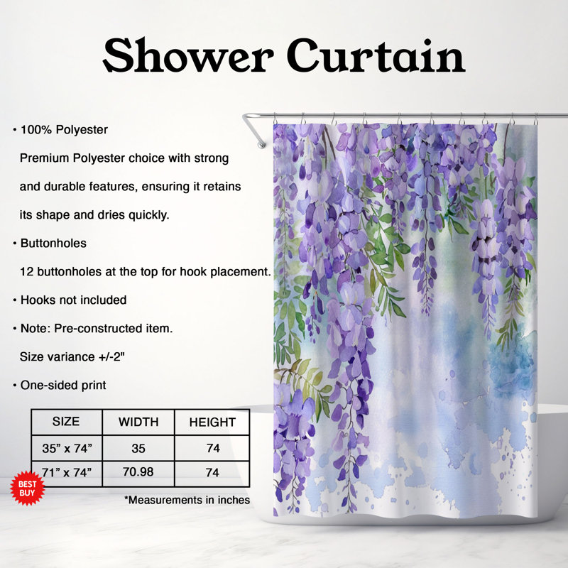 Rideau de douche 1 pièce Soft Wisteria Designs, H 74 po x l 71 po