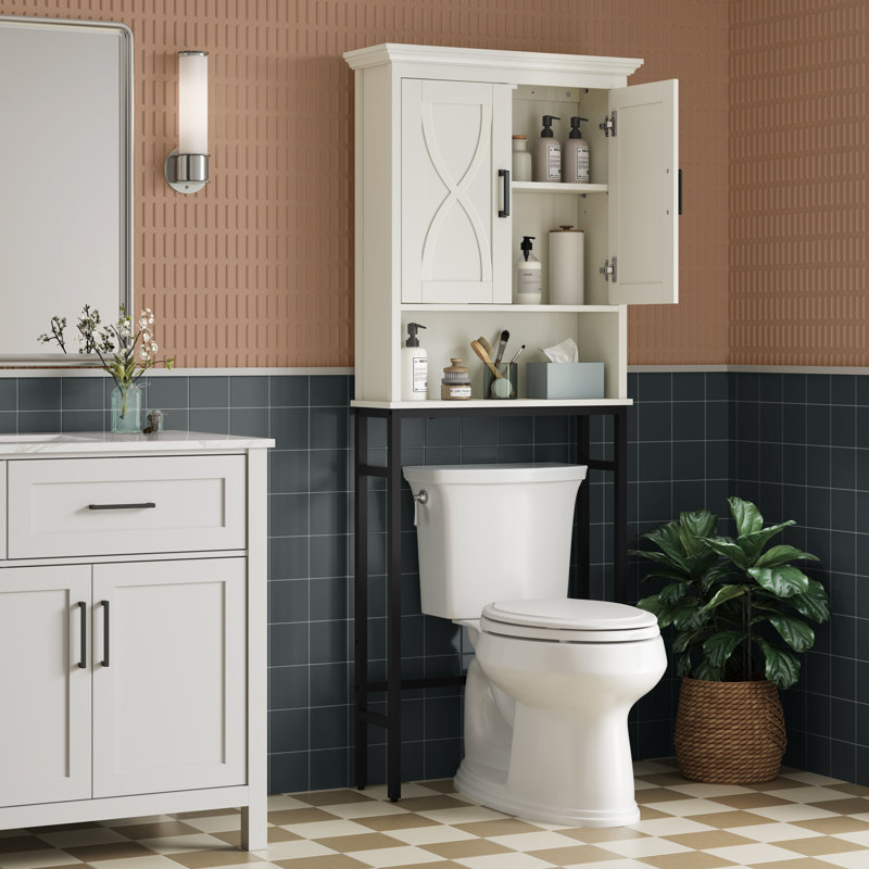 Alaye Floor Mounted Over-the-Toilet Storage Cabinet, Double Doors Above Toilet Bathroom Storage, Cream White