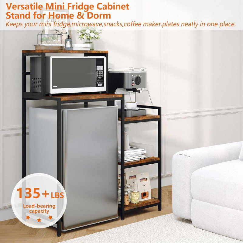 Mini support de réfrigérateur 35,8 po avec tablette de rangement, support à micro-ondes à 5 niveaux et organisateur de bar à café avec tablettes réglables réglables, mini tablette de réfrigérateur robuste 200LBS pour dortoir, appartement, bureau