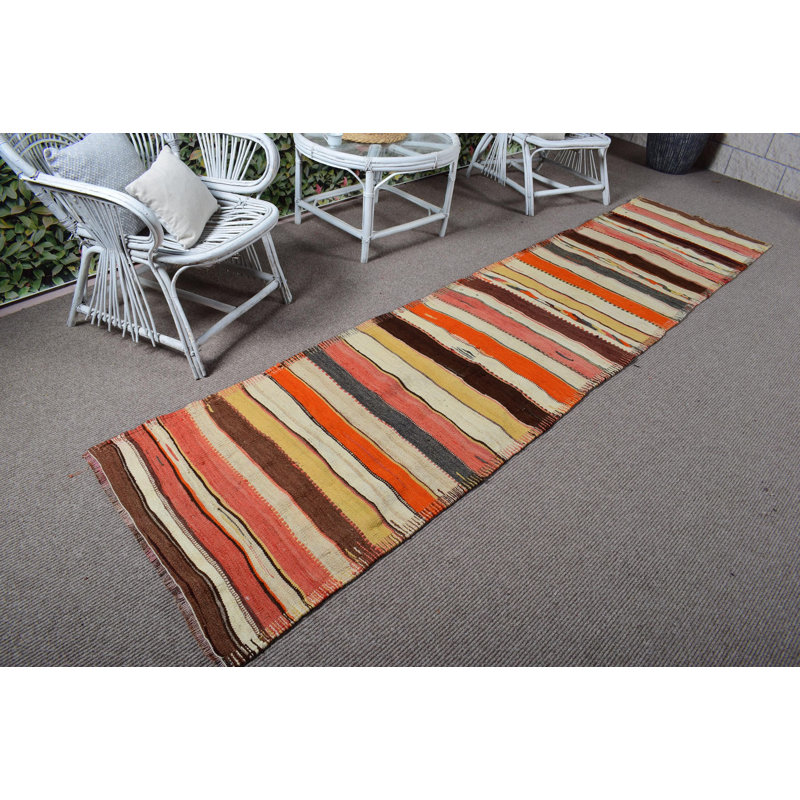Vintage Striped Turkish Kilim Runner Rug Hand-Knotted in Wool with Distinctive Beige Tones