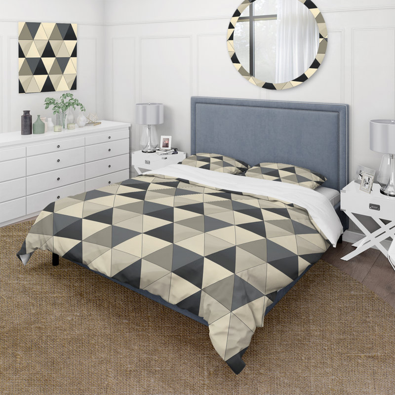 Ensemble de housse de couette Mid-Century noir gris Triangle, Housse de couette très grand + 2 taies décorativ