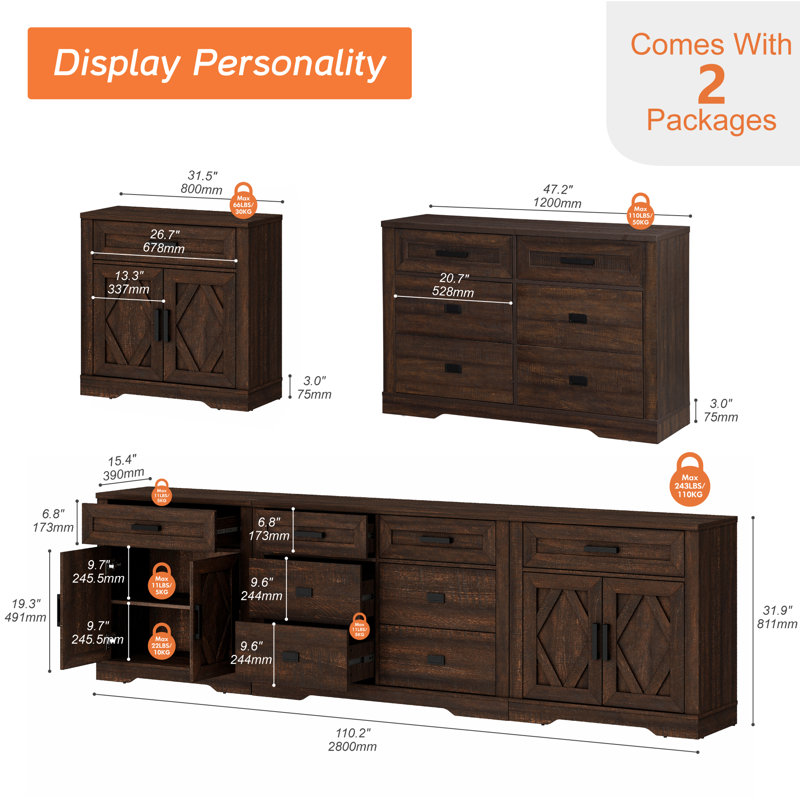 Laziza 110"W Large TV Stand,3-In-1 Farmhouse Entertainment Center With Storage Barn Door Cabinet,TV Console Table With Media Cabinet And Drawers For Living Room,Bedroom