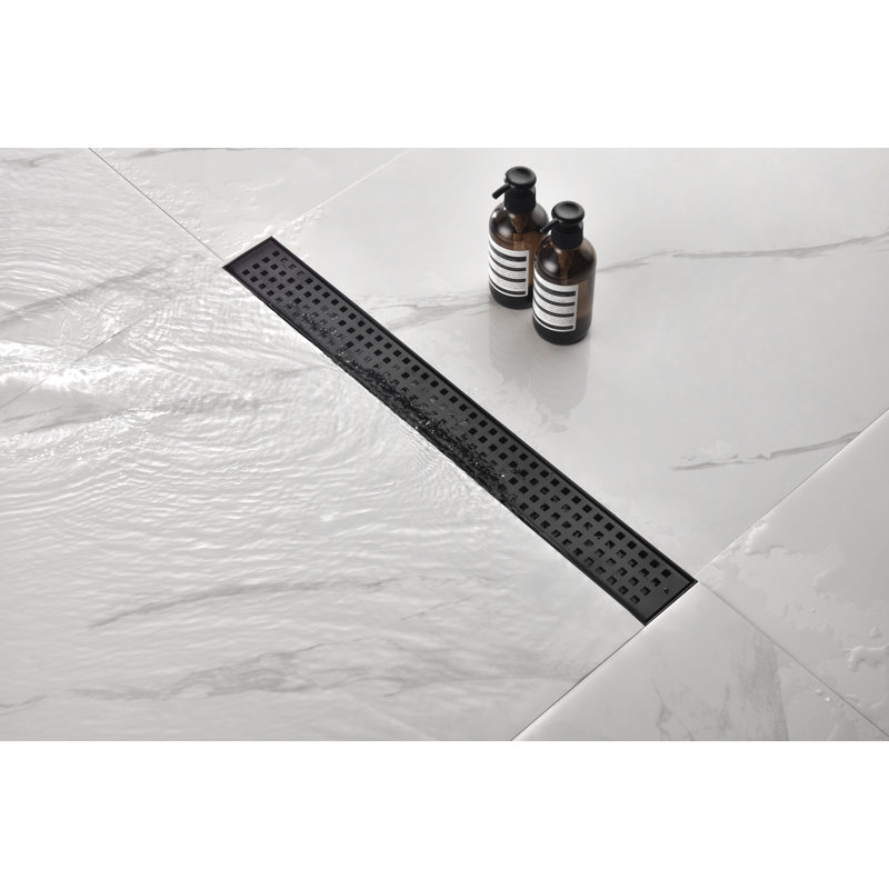 Drain de douche linéaire avec grille à motif, 24 x 2,75 x 2 po, acier inoxydable, 1 pièce, drain linéaire, noir mat, crépine