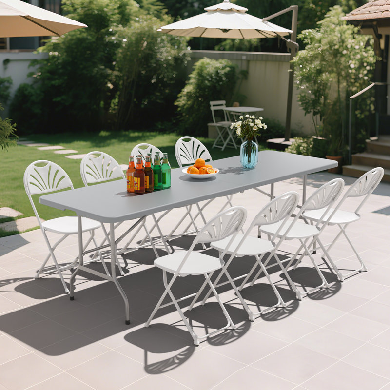 8ft Plastic Folding Table, Portable Bi-Fold Event Table, Indoor Outdoor Picnic Card Table with Carrying Handle, Gray