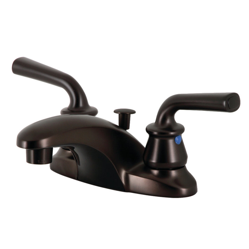 Kingston Brass Restoration Two-Handle 3-Hole Deck Mount 4" Centerset Bathroom Faucet with Plastic Pop-Up, Oil Rubbed Bronze