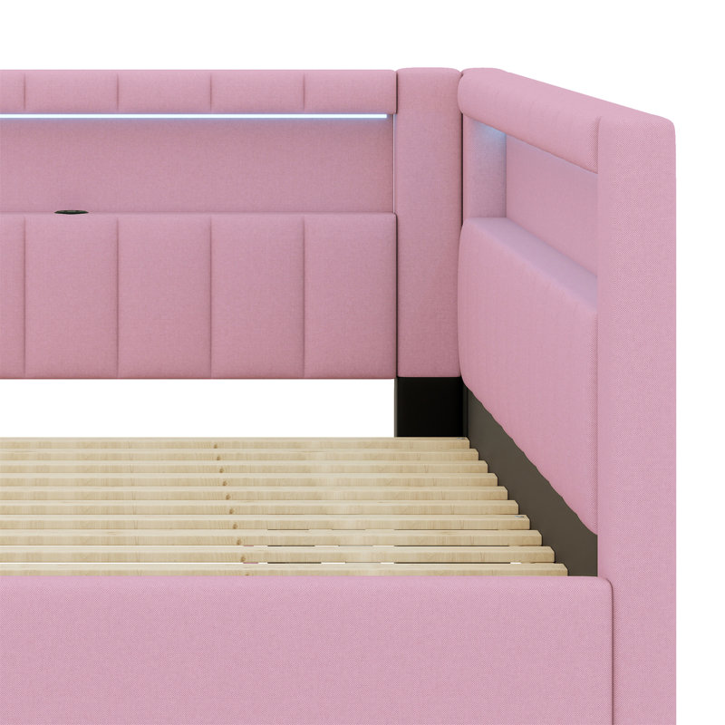 Lit plateforme tapissier avec ports USB et ceinture à DEL, avec lit gigogne, Rose