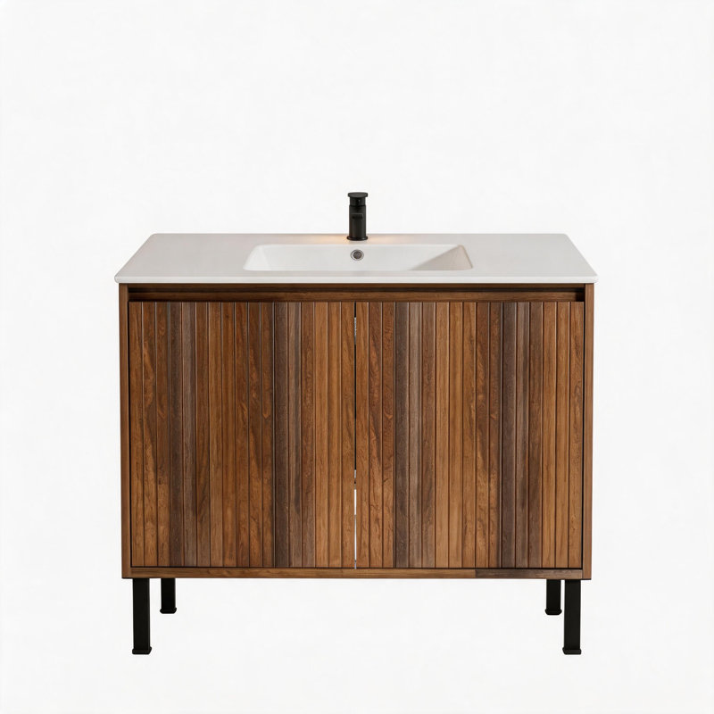 Meuble-lavabo autoportant en noyer de 36 pouces (91 cm) avec lavabo en céramique, 35" W