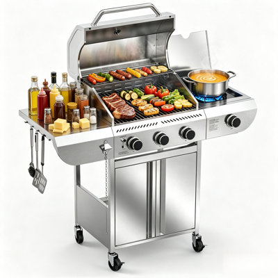 R.W.FLAME 3 - Burner Stainless Steel Gas Grill with 1 Side Burner & Dual Brake Universal Wheels, 34,000 BTU Liquid Propane Gas Grill, Ideal for Outdoor Grilling & Backyard Use