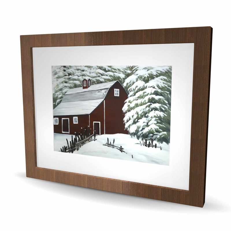 Red Barn in Snow - Scandinavian Living, reproduction encadrée, Brun, H 16 po x l 20 po