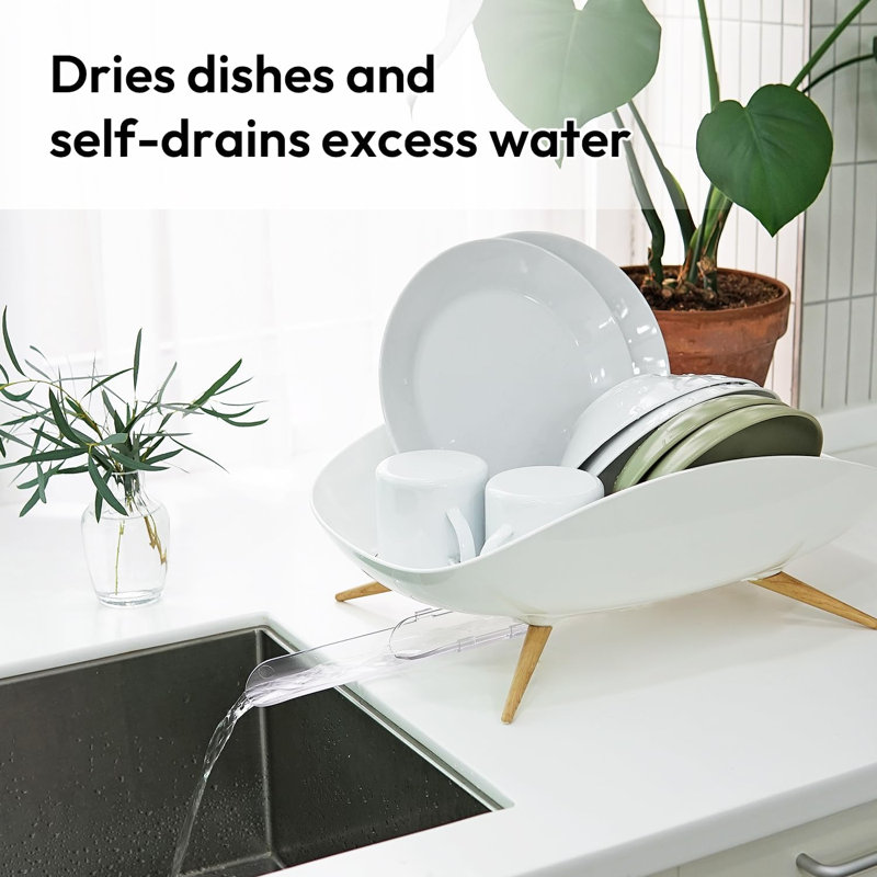 Self-Draining Dish Drying Rack, White - Wide Dish Drainer with Swivel Spout, Durable, Rustproof, Ideal for 4-5 Person Households