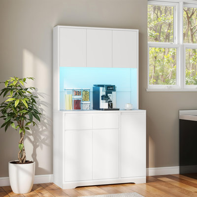Modern High-Gloss Kitchen Pantry Cabinet with LED Lighting, USB Ports, and Ample Storage