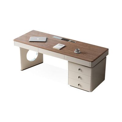 70.87" Nut-brown+Beige Rectangular Solid + Manufactured Wood+Stainless Steel with 6 drawers desk