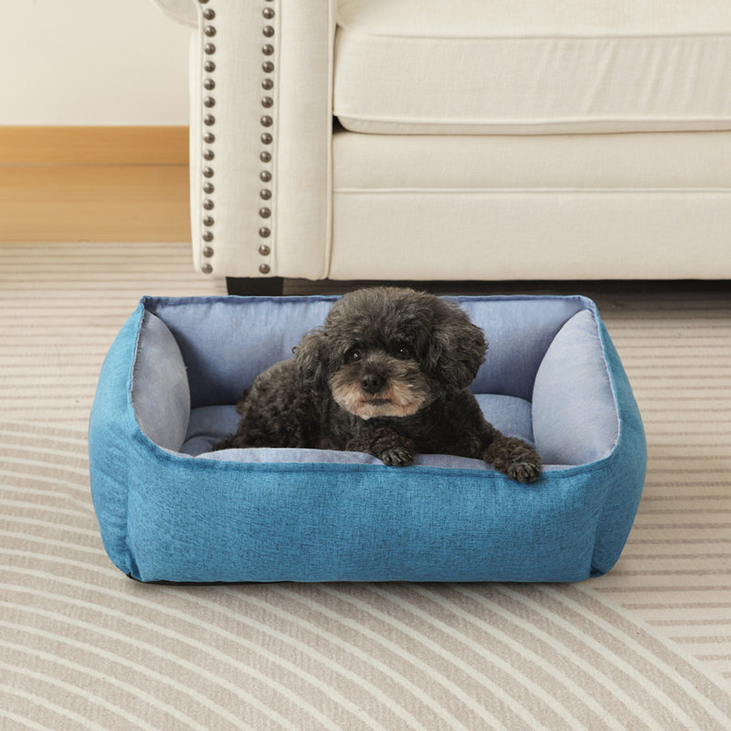 Blue Linen Rectangle Pet Bed with Bolster Cushion