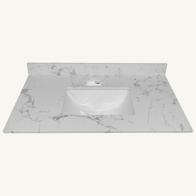 Dessus de meuble-lavabo en pierre Montary blanc de 37 po avec un lavabo rectangulaire encastré en céramique et un trou de robinet simple Montary