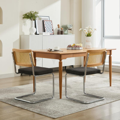 Mid Century Modern Dining Chairs Set Of 2, Velvet Accent Chairs With Natural Cane Back & Stainless Chrome Base, Famous Breuer Designed Chairs, Upholstered Rattan Kitchen Chairs,Black Color,SW1851BK