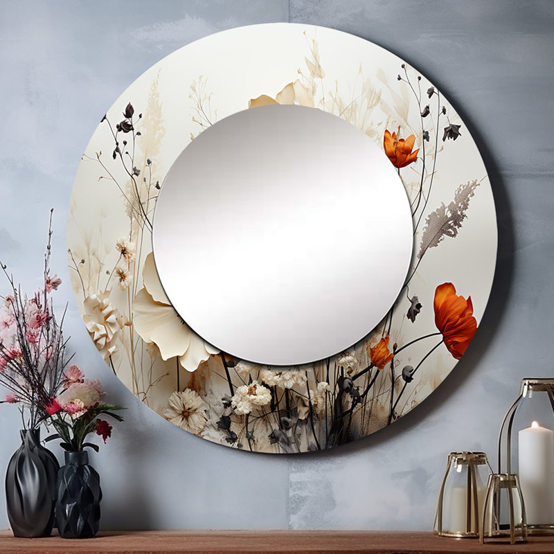 Bohemian Earthly Floral Collage II - Abstract Round Mirror Wall Decor, 36" x 36"