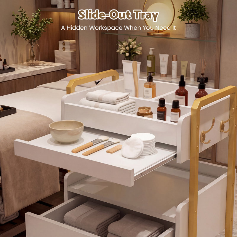 3-Tier Potable Station Rolling Cart with Locking Wheel, Mobile Storage for Salon, Spa, Office, Barber Shop, White