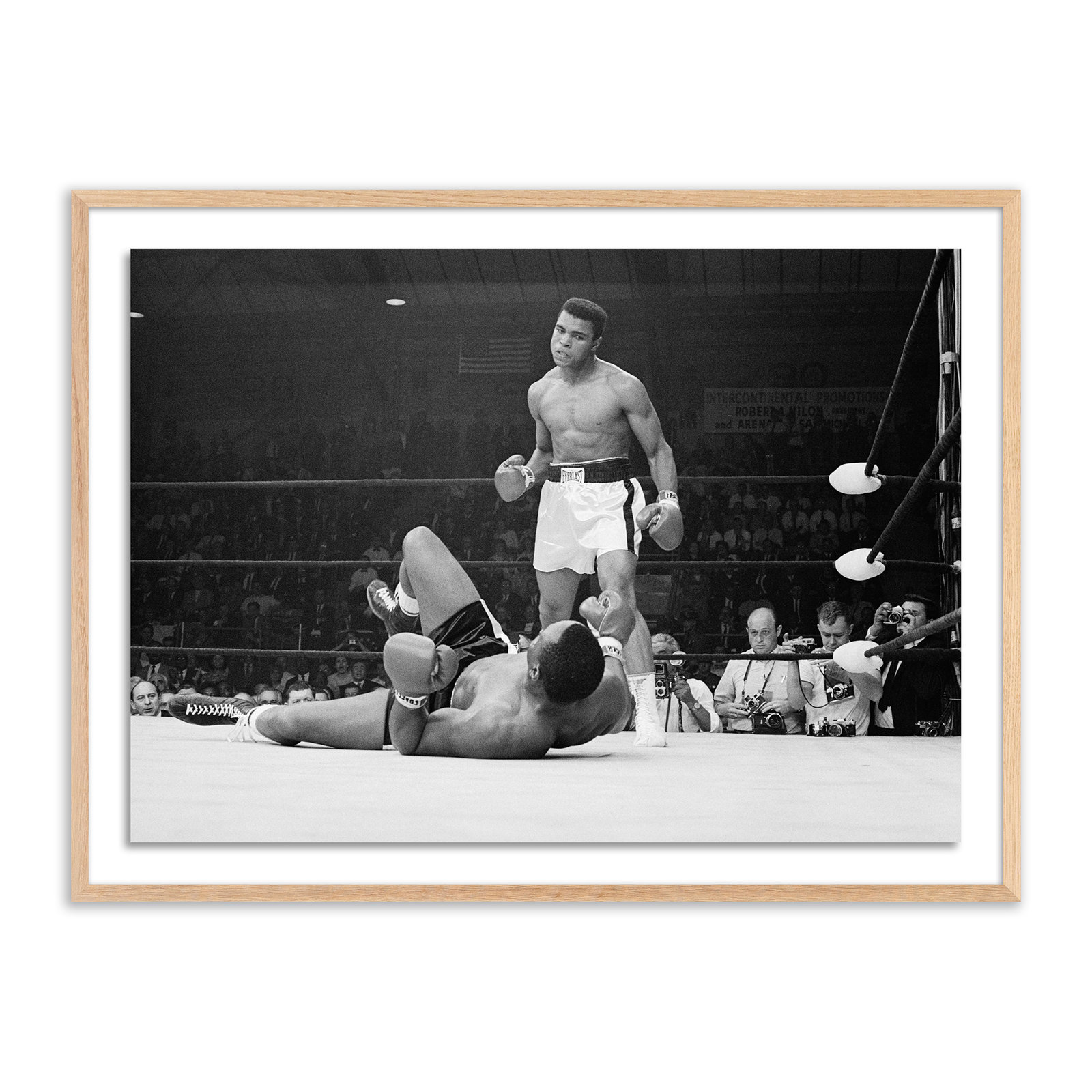Boxers Muhammad Ali And Sonny Liston Fighting by Getty Images, 30" H x 40" W, Rustic Walnut Framed