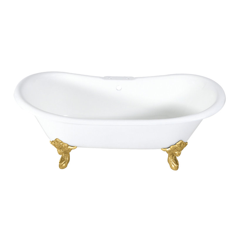 Kingston Brass Aqua Eden 72-Inch Cast Iron Oval Double Slipper Clawfoot Tub (7-Inch Faucet Drillings), Brushed Brass