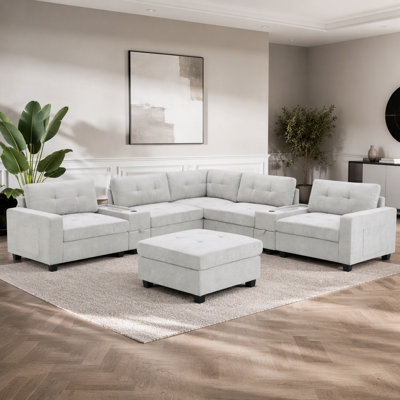 104'' Sectional Sofa With Acrylic Table Top,Chenille U Shaped Couch Set With 2 Consoles,USB Charger,Storage Drawers And Pockets,Movable Ottoman,Tufted Sofa For Living Room,Apartment,2 Colors