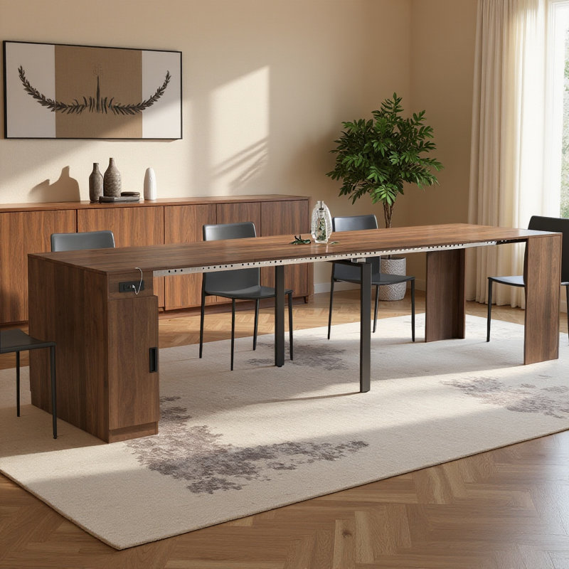 23-118" Mid Century Extendable Wood Dining Tale For 10, Brown Wood Retangular Kitchen Table For Dining Room, Brown