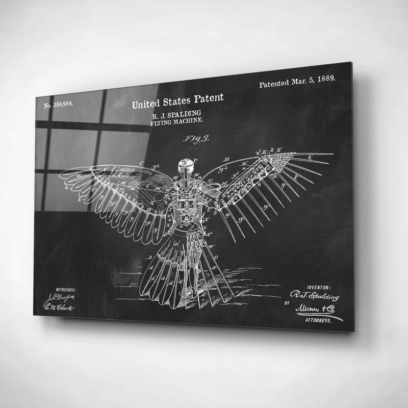 «Flying Machine Blueprint Vernis Chalkboard» par Acrylique, art mural en verre, H 12 po x l 16 po x P 0,13 po