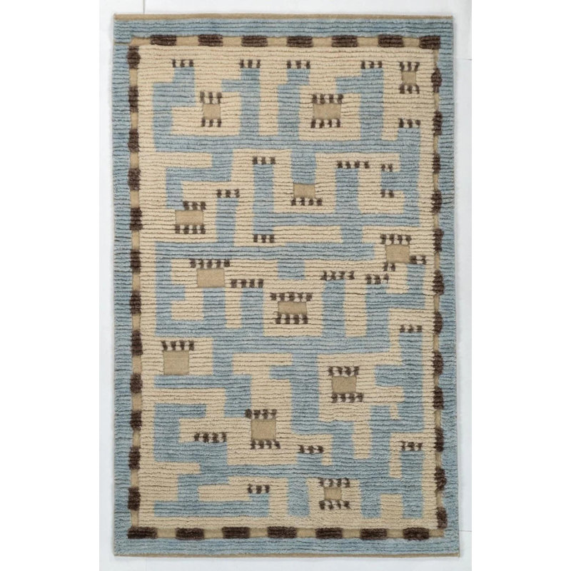Petit tapis décoratif 3 x 5 po, tapis en laine noué à la main, tapis géométrique crème bleu clair, tapis de labyrinthe scandinave texturé moderne de style indien de luxe