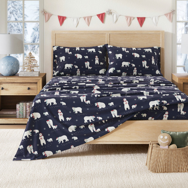 Ensemble de draps de Noël 100% flanelle de coton turc, Ours polaires bleu marine, Double avec 2 taies d'oreiller