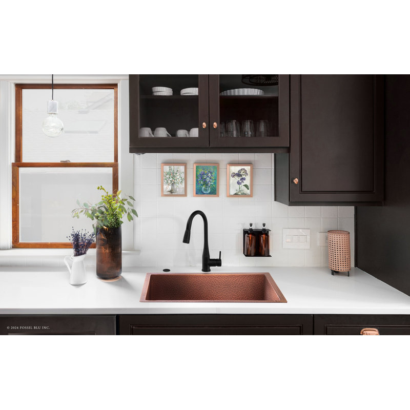 Fossil Blu Luxury 30" 12-Gauge Hammered Copper Undermount/Drop-In Sink, Medium Patina, Incl Accs