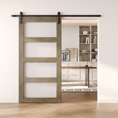 Porte de grange non assemblée et fini en verre à 4 verres de 40 po x 80 po Homacer Classic gris, usage intérieur seulement
