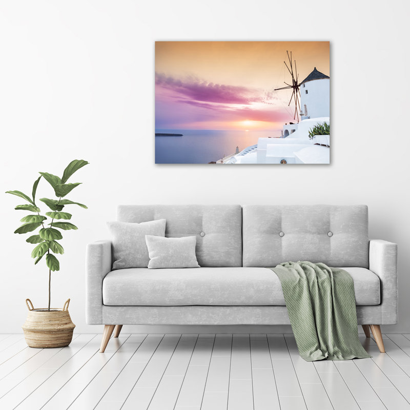 Glass Print Wall Art 100X70cm Image Printed On Glass Decorative Wall Picture Behind Toughened / Tempered Safety Real Glass For Kitchen & Living Room Theme:Santorini Greece