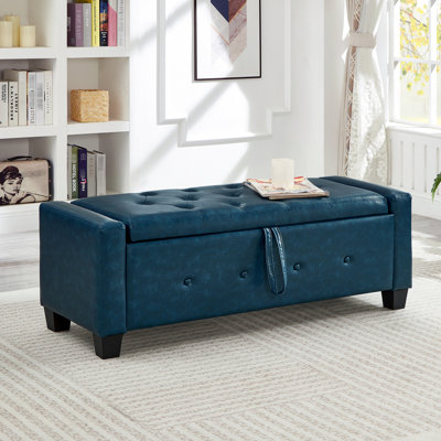 Banc de rangement bleu de 48 pouces, revêtement en similicuir pu, utilisation polyvalente dans la chambre à coucher, salon, banc à chaussures, plateau rabattable spacieux, pieds en plastique, pu, bois massif et contreplaqué