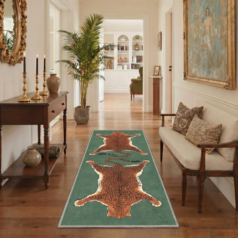 Alinda Talon Animal Print Green / Orange / Black Machine Washable Area Rug, Runner 2'6" x 8', Green / Orange / Black