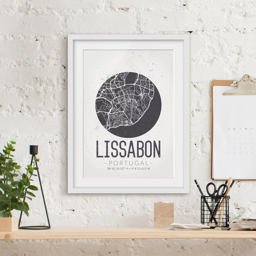 Gerahmtes Papierbild Stadtplan Lissabon - Retro