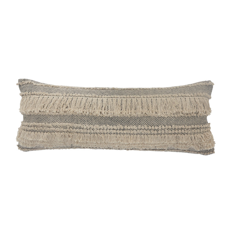 Contemporary Striped Fringed Hand-Made 100% Cotton Oversized / King Lumbar Accent Pillow, Polyester, 14"H x 36"W