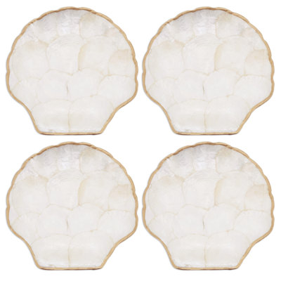 Capiz Shell Scallop Plates (Set of 4) – Coastal Decorative Plates with Gold Trim, 8"