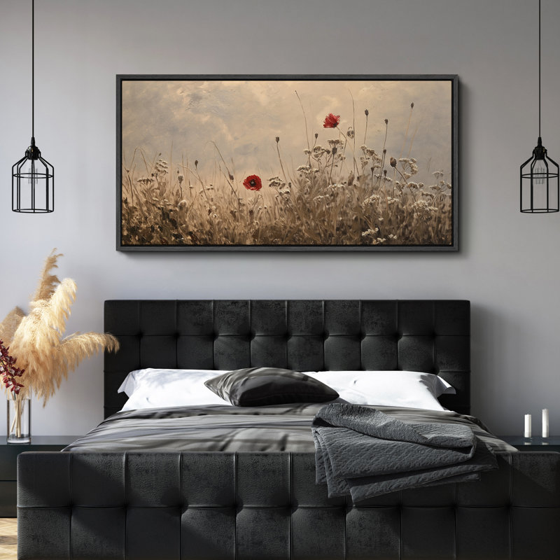 Coquelicots rouges dans un champ chaud sous une douce lumière du matin - reproduction d'art sur toile encadrée, Noir