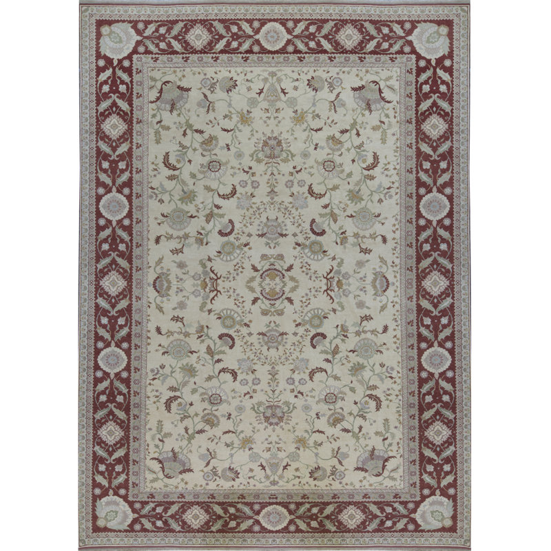 Tapis beige et rouge noué à la main de haute qualité