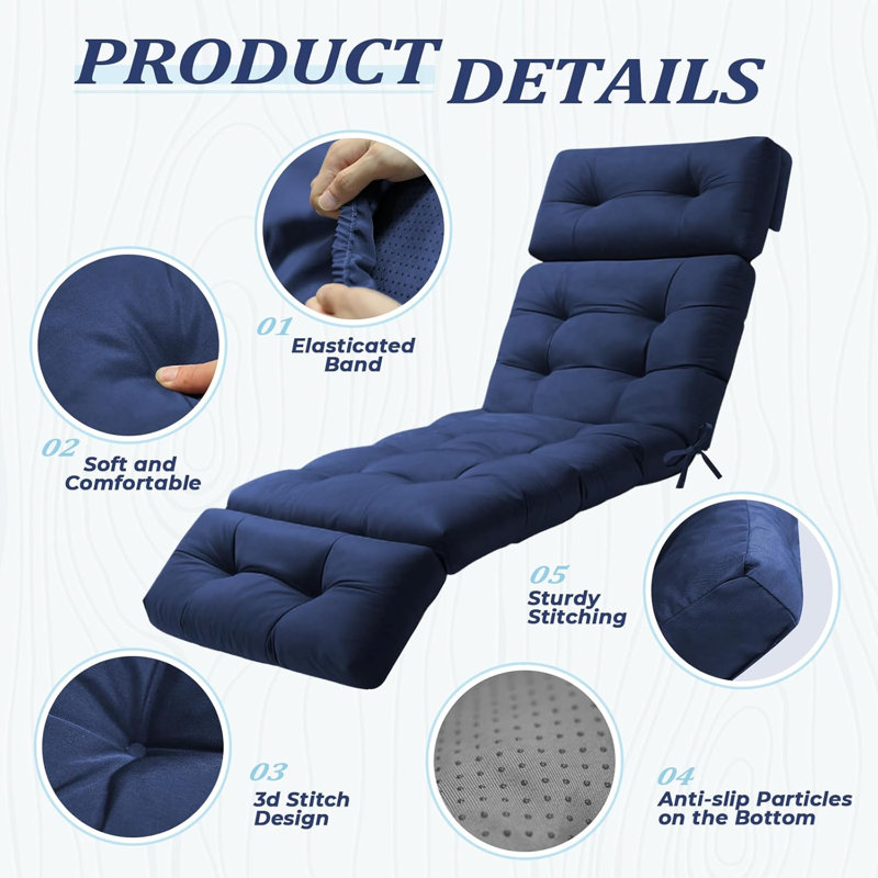 Coussin de chaise longue d'extérieur imperméable et épais avec attaches, coussin de remplacement pour chaise de patio en tissu de coton Oxford, bleu marine (coussin seulement)
