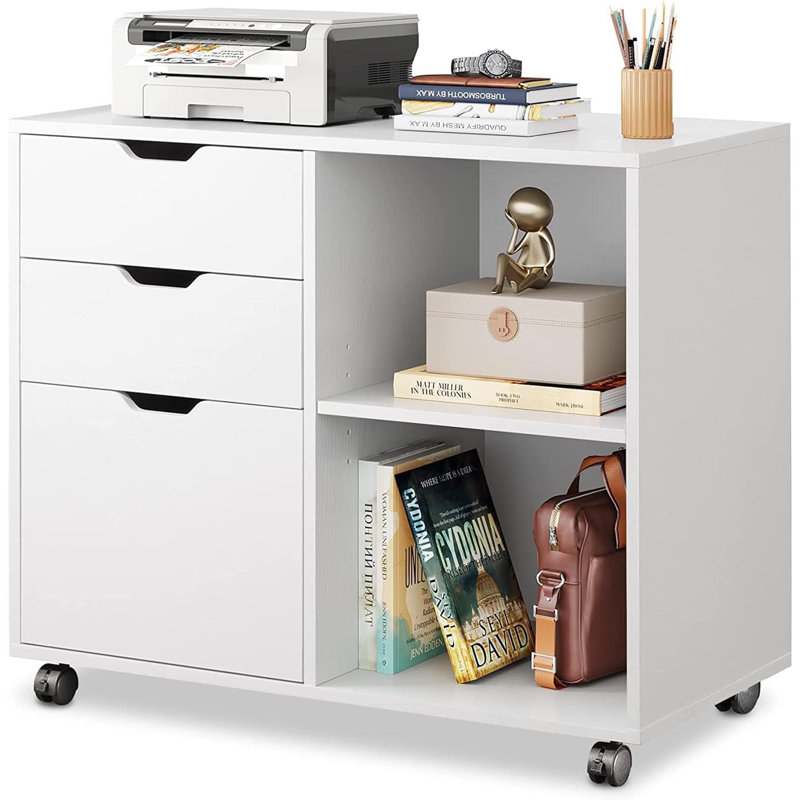 White 3-Drawer Wood File Cabinet - Mobile Lateral Filing Cabinet With Open Storage Shelves, Printer Stand For Home Office