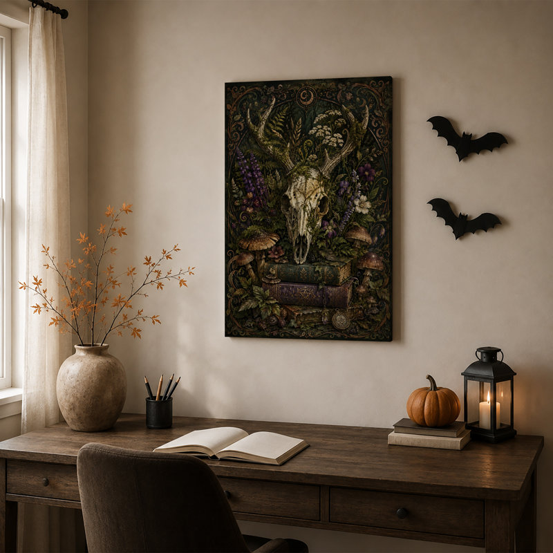 Art mural sur toile, crâne de cerf blanc avec bois et champignons sur Halloween, 30"H x 20"W