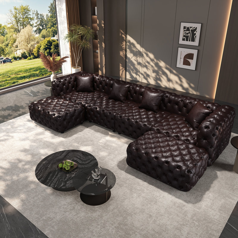 Ensemble de canapé modulaire 134,4 po, canapé modulaire rembourré en similicuir 4 places avec conception touffetée à la main pure, 2 repose-pieds et 4 coussins, combinaison multiple pour le salon, brun foncé