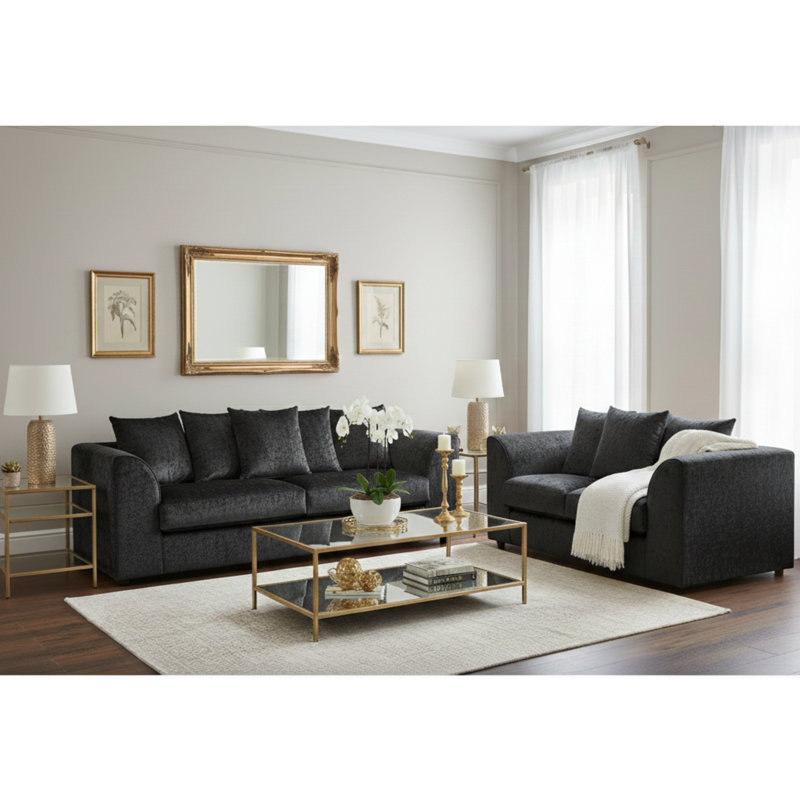 100% Crushed Velvet 3 and 2 Seater Sofas Sets Upholstered Living Room Sets, Black