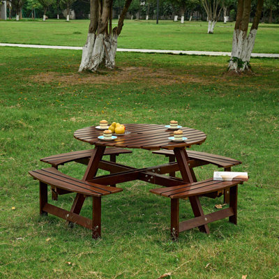 Table de pique-nique d'extérieur pour 8 personnes, table de pique-nique ronde pour 8 personnes avec 4 bancs intégrés, trou pour parasol, ensemble de table et banc d'extérieur pour le jardin, la cour, le porche, le patio