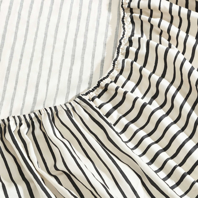 Marimekko Printed Organic Cotton Percale Sheet Sets, King Sheet Set with 2 Pillowcases, Black Striped